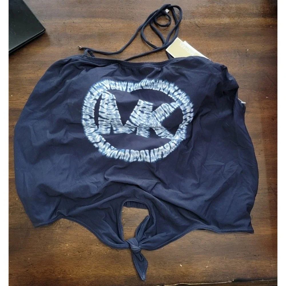 NWT MICHAEL KORS M Tie Front Tankini Shibori Logo Navy Blue 123648